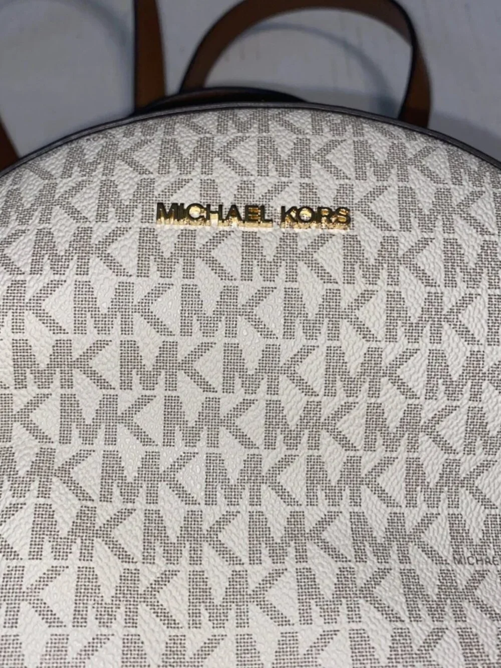 Michael Kors Beige/Brown MK Monogram Logo Backpack Zip Gold Hardware NWT